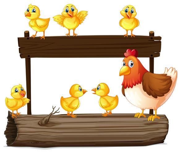 Wooden sign with hen and little chicks vector