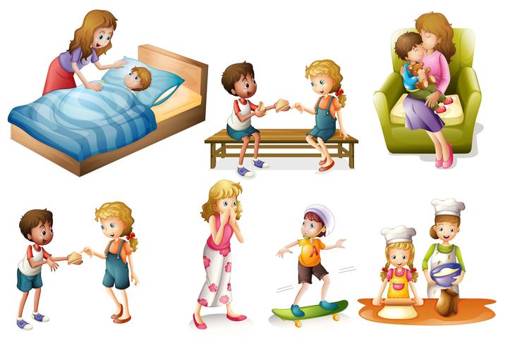 Children and mother doing different activities vector