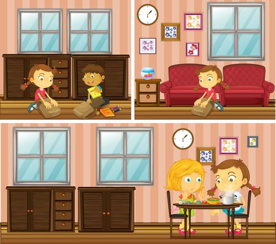 Escena de casa con niños realizando diferentes actividades. vector