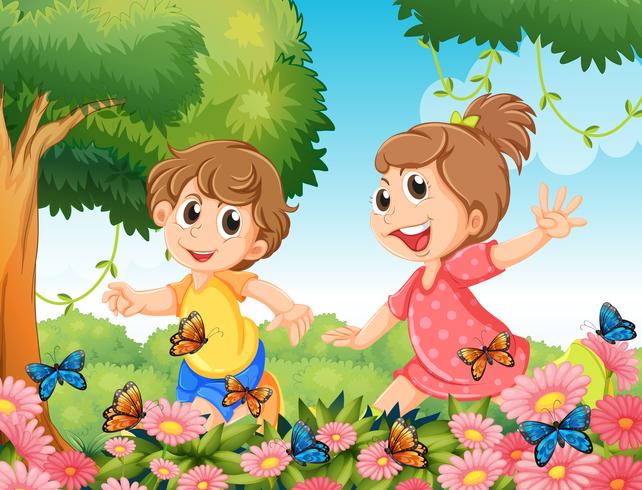 Niño y niña jugando con mariposas en el jardín vector