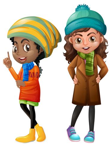 Two girls in winter clothes vector