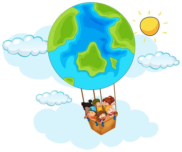 Happy children riding balloon with earth pattern in sky vector