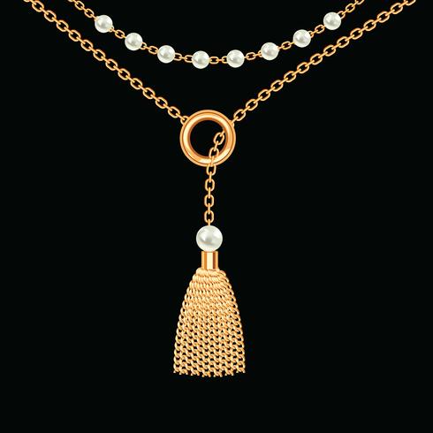 Fondo con collar dorado metalizado. Borla, perlas y cadenas. En negro Ilustración vectorial vector