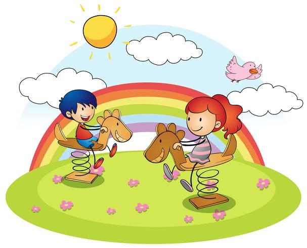 Niño y niña, en, caballo mecedora vector