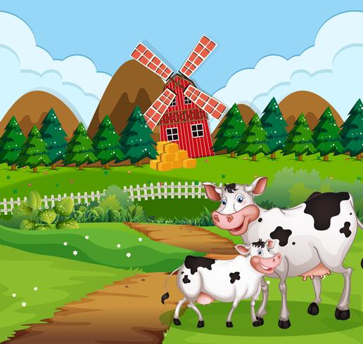 Cow in farmland scene vector