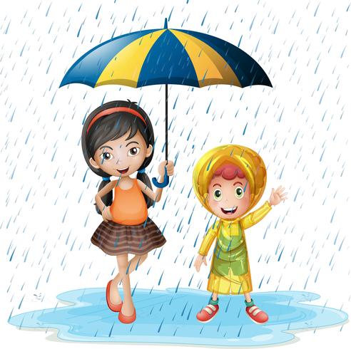 Two kids in the rain vector