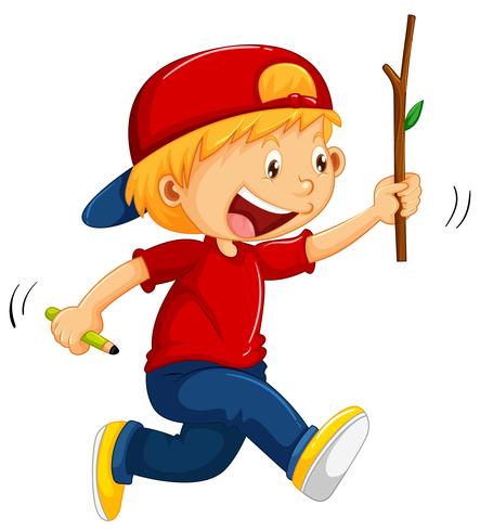 Boy running with stick and pencil in hands vector