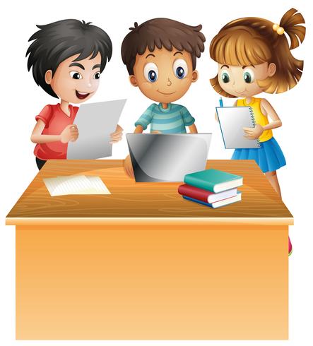 Kids working on computer on the desk vector