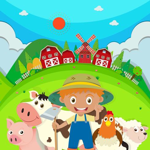 Farmer and farm animals on the farm vector