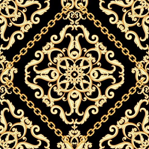 Damask golden pattern on black with chains vector