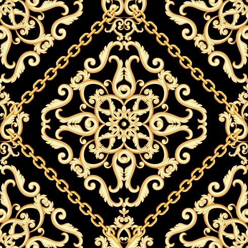 Damask golden pattern on black with chains vector