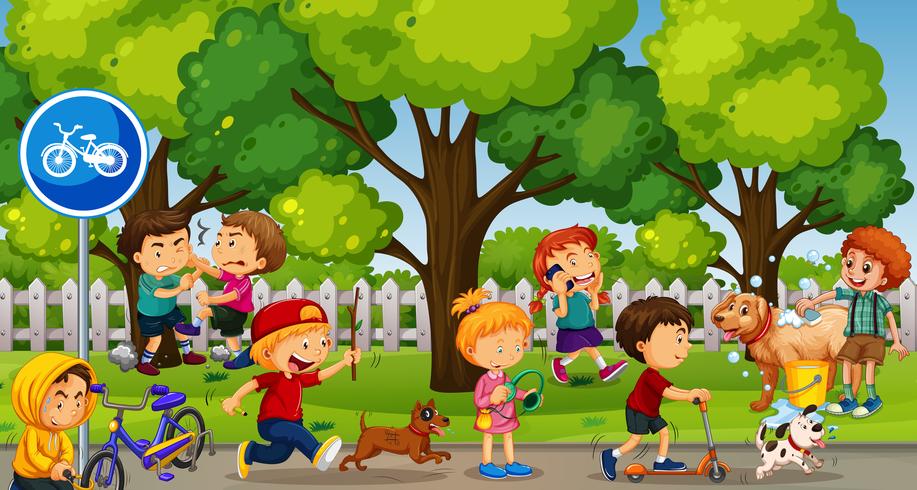 Park scene with kids playing and fighting vector