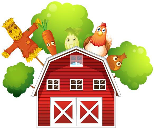 A barn with a chicken and fruits at the back  vector