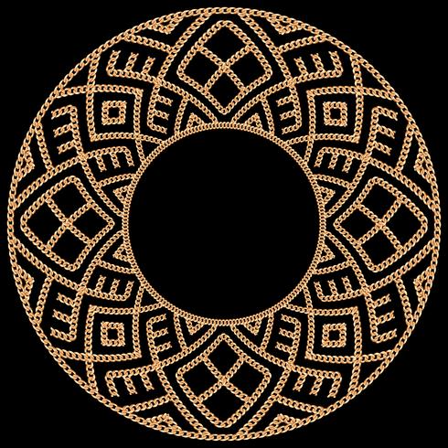 Round frame made with golden chains. On black. Vector illustration