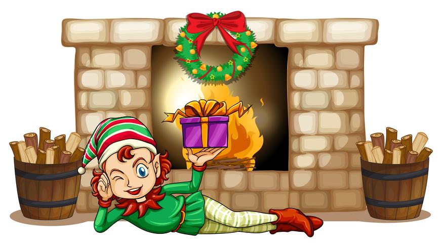 An elf in front of the fireplace vector