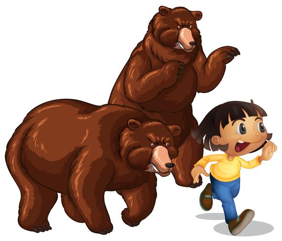 Girl running away from grizzly bears vector