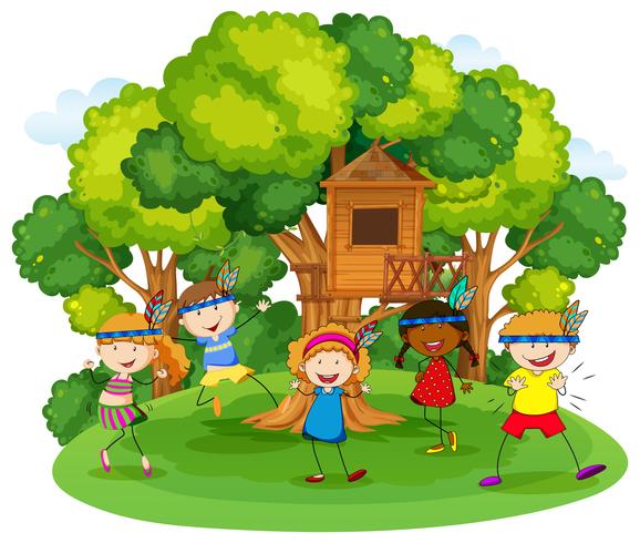 Children playing red indians in the garden vector