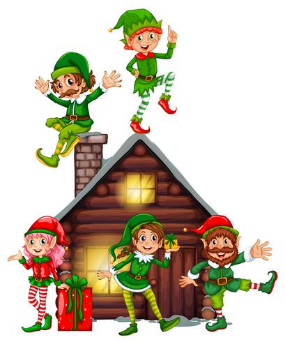 Many elves on the cabin vector