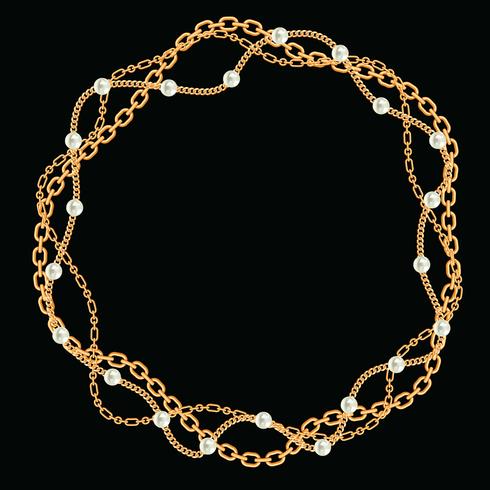 Round frame made with twisted golden chains. With pearls. On black. Vector illustration
