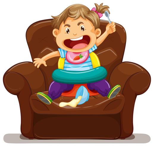 Young toddler making mess on sofa vector