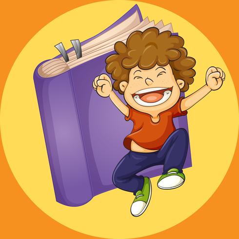 Happy boy jumping with purple book background vector