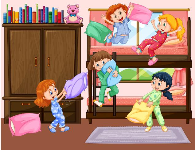 Girls having slumber party in bedroom vector