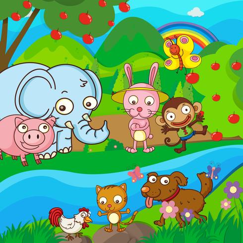 Cute animals together at the river vector