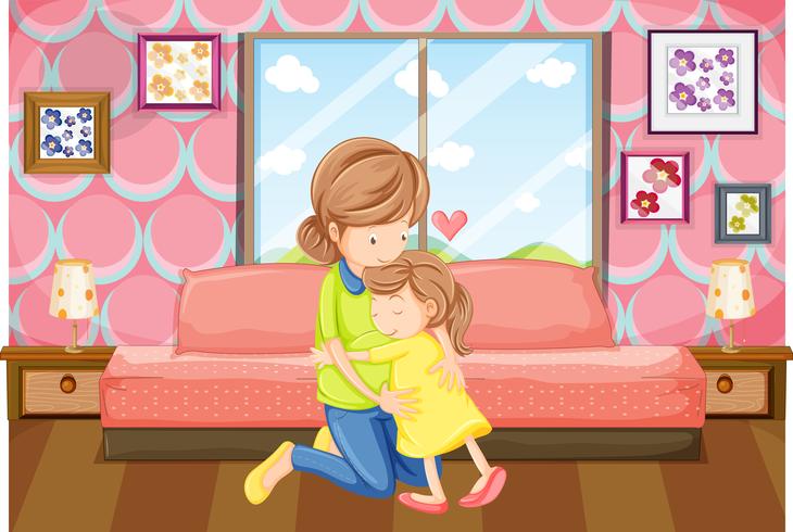 Mother and daughter hug in bedroom vector