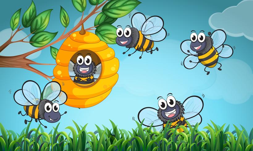 Escena con abejas y colmenas vector