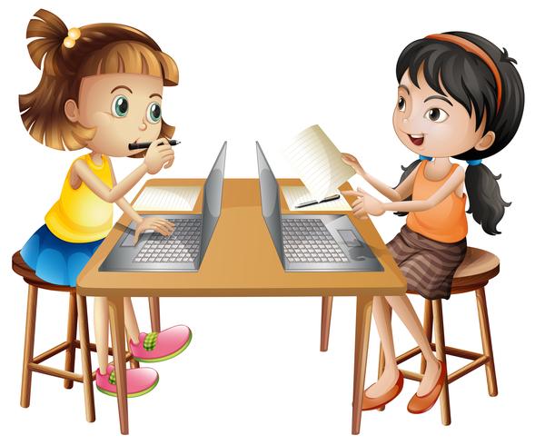 Two girls working on computer vector