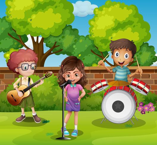 Three children playing music in park vector