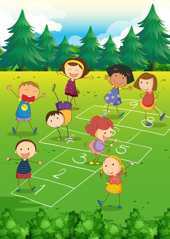 Kids playing hopscotch in the park vector