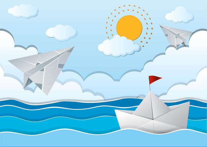 Escena del océano con avión de papel y barco vector