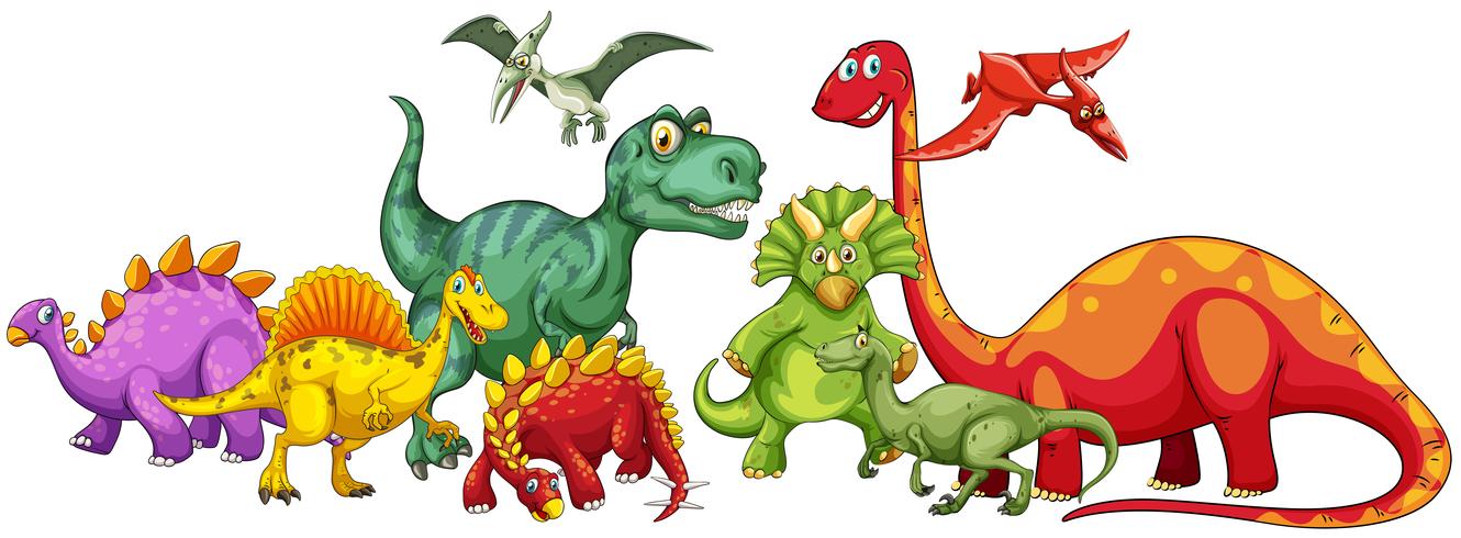 Diferentes tipos de dinosaurios en grupo. vector