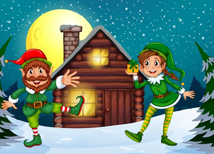 Two elves at the wood cabin vector