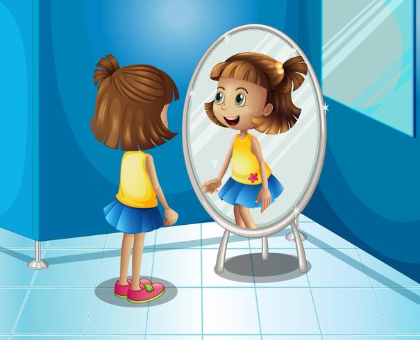 Happy girl looking at the mirror in bathroom vector