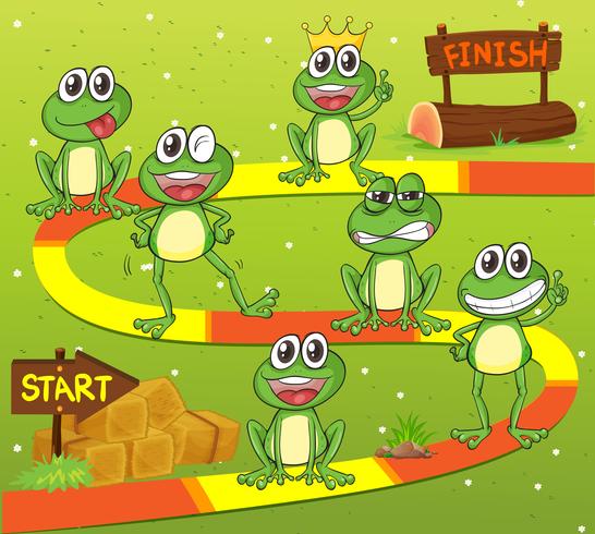 Plantilla de juego con personajes de ranas vector