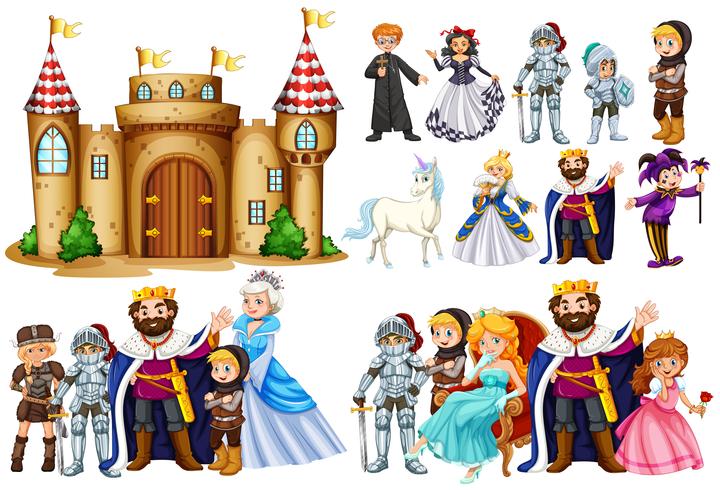 Personajes de cuento de hadas y construcción de castillos. vector