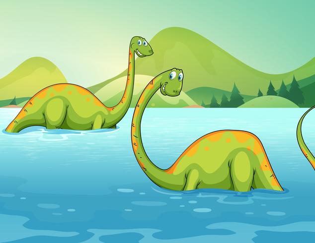 Dinosaurios de pie en el río vector