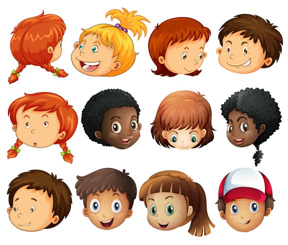 Diferentes rostros de niños y niñas. vector