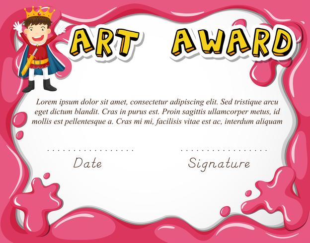 Certificado de premio de arte con niño como héroe. vector