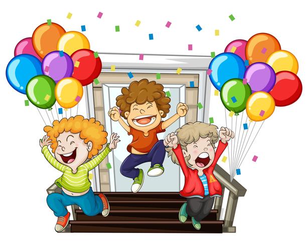 Niños felices y globos de colores en casa. vector