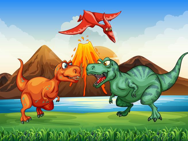 Dinosaurs fighting in the field