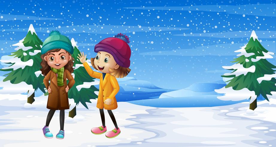 Two girls standing on snow field vector