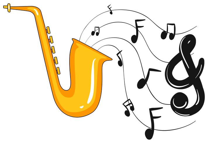 Saxofón con notas musicales en el fondo. vector