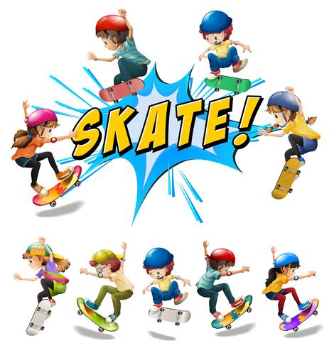 Muchos niños jugando skate vector