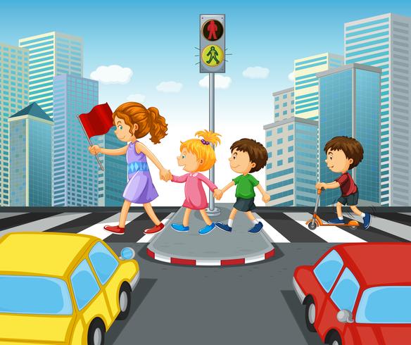 Niños cruzando la calle en la ciudad. vector