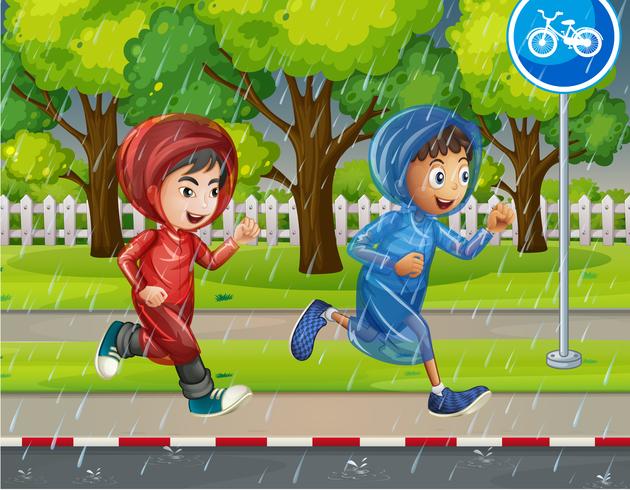 Dos niños en impermeable corriendo en el pavimento vector