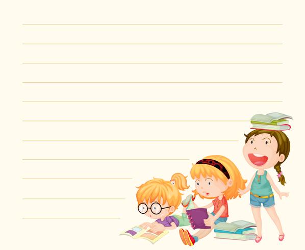 Line paper template with girls reading books vector