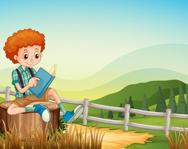 Little boy reading book in the field vector